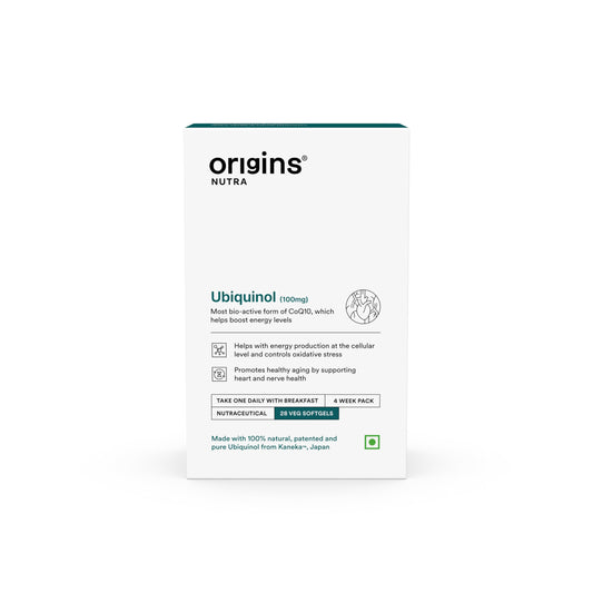Origins Nutra Kaneka™ Ubiquinol 100mg | Boosts Energy, Supports Heart & Cellular Health | Active CoQ10 for Healthy Aging |GMP Certified | 28 Softgels (Pack of 1)