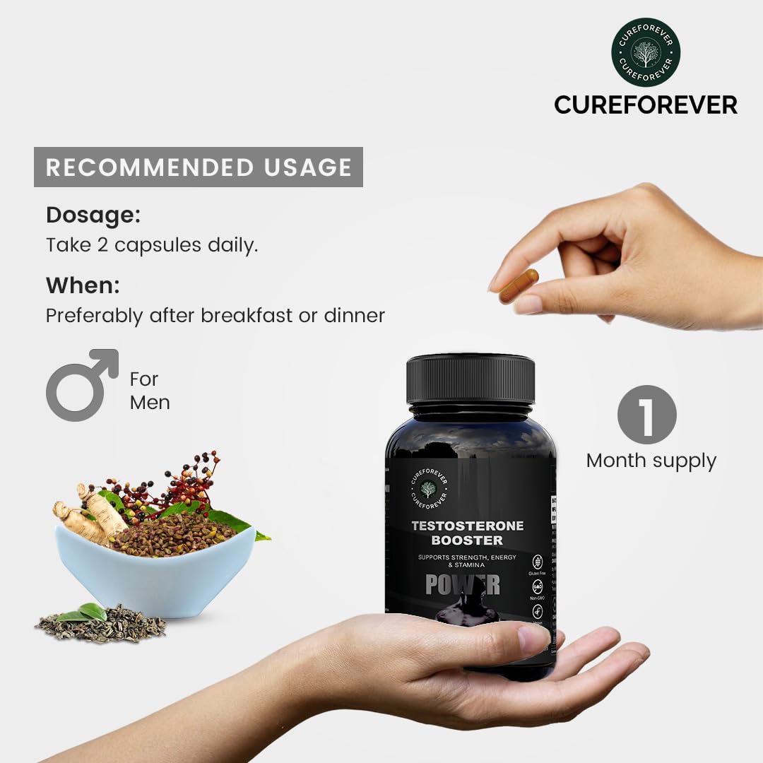 CUREFOREVER Testosterone Supplement for Men with Korean Ginseng & Grape Seed – Boost Strength & Stamina | 120 Veg Capsules | Herbal Performance Booster with Green Tea for Energy & Wellness