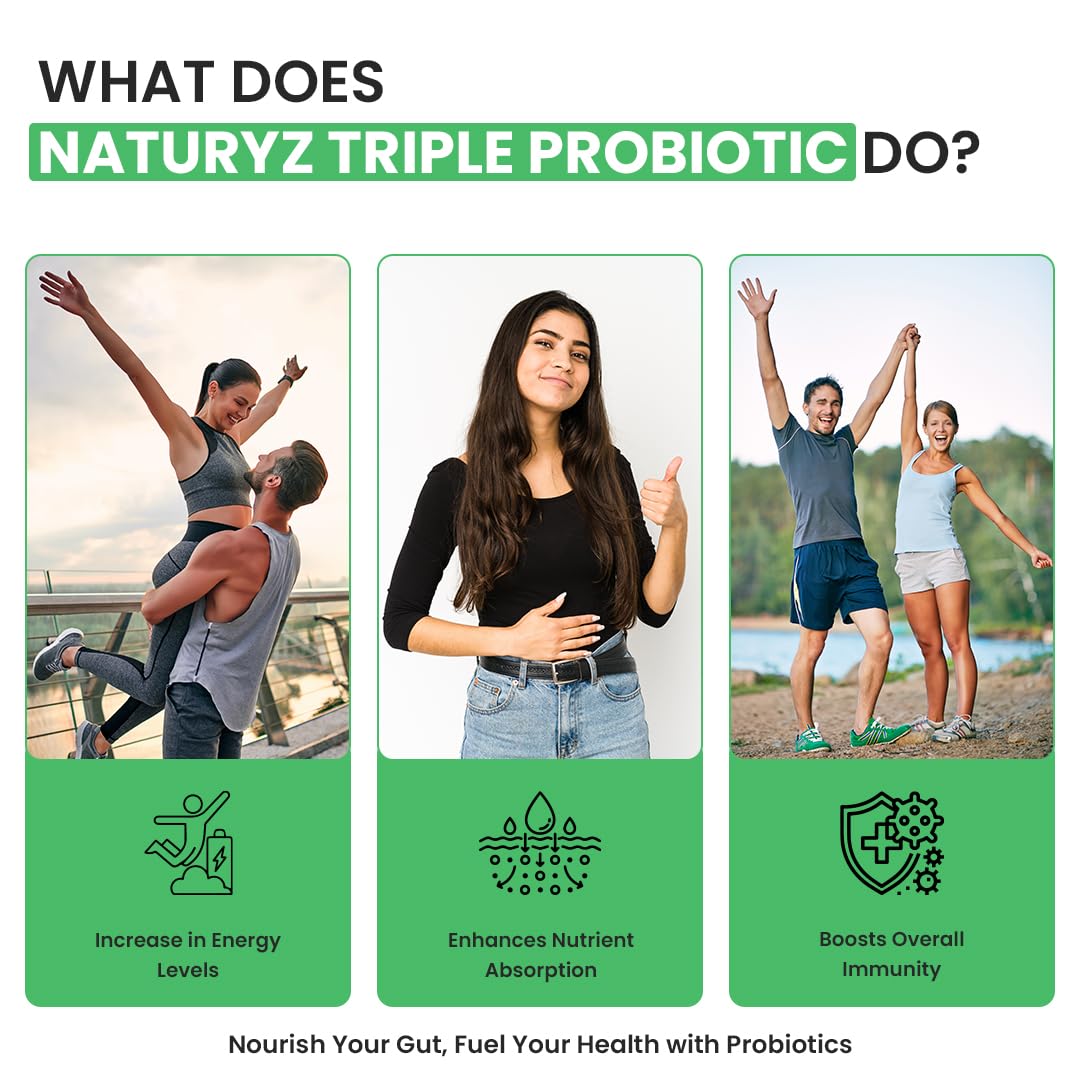 NATURYZ Triple Strength Probiotic 50 Billion CFU with Highest Pre-Probiotic 600 Mg | Chicory Root | 22 Nutrients for Gut Health | 24/7 Digestion | Supports in Occasional Constipation, Diarrhea, Gas & Bloating for Women & Men | No Refrigeration required -