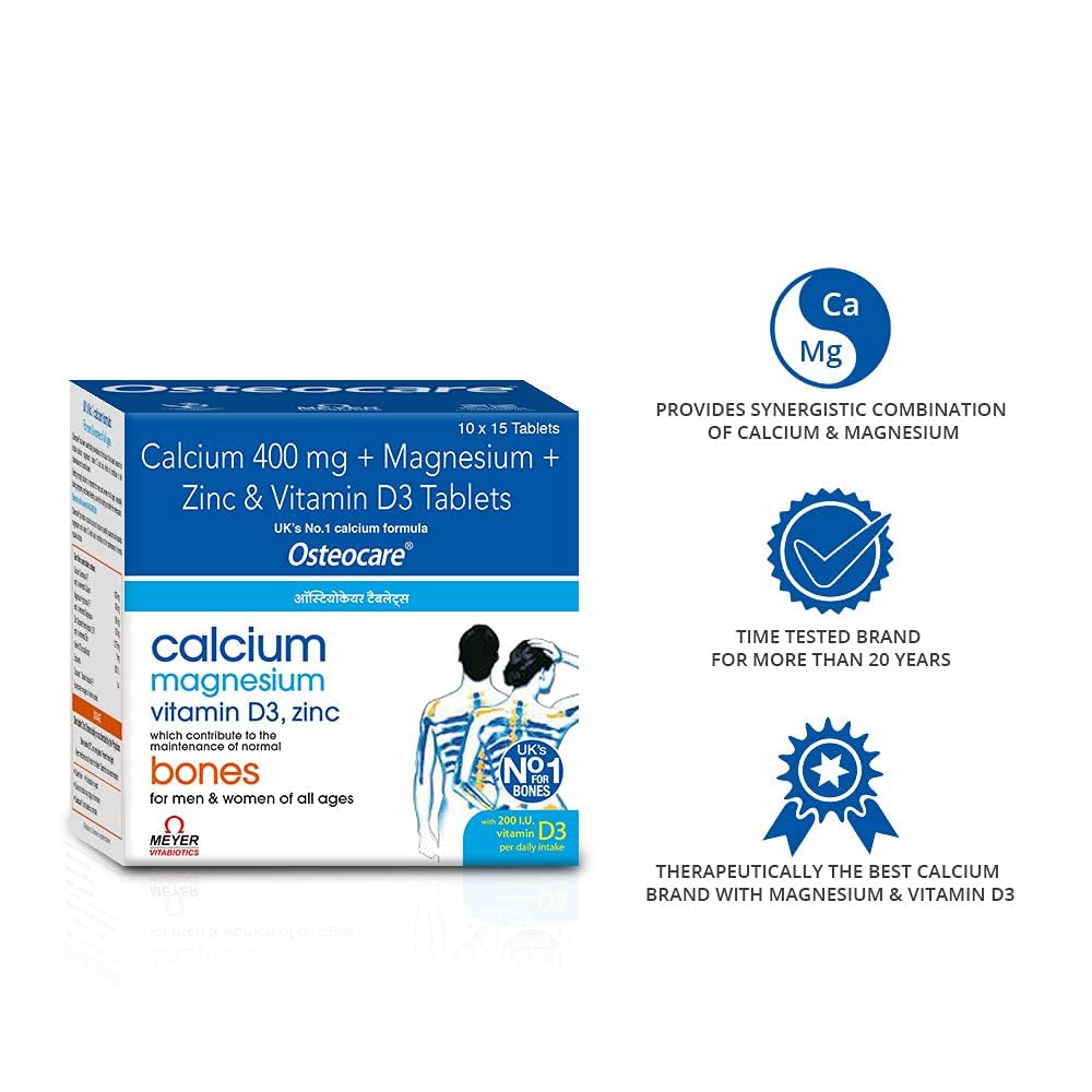 Osteocare Calcium Magnesium Zinc & Vitamin D3 Tablets (2.5 Months Pack) | 400mg Elemental Calcium with Magnesium & Zinc | Daily Nutritional Supplement | Gluten Free | 150 Tablets | 1,254mg Per Tablet