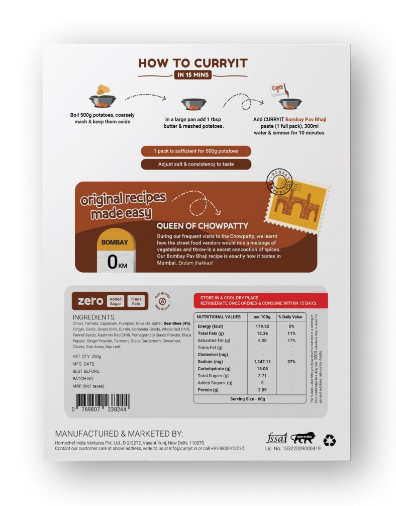 CURRYiT Instant Bombay Pav Bhaji Masala Curry Paste | Just Add Aloo (Potato) | Ready in 15-30 Mins | Serves 4-6 | Made with Ghee | No Preservatives | Ready To Cook Indian Masala Gravy | 250g