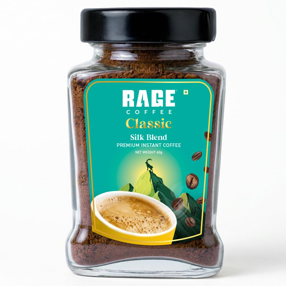 Rage Coffee Premium Silk Blend Classic Coffee Powder - 60g | Fuel Your Day with Plant-Based Vitamin Instant Coffee Powder for Enhanced Fitness, Energy, and Focus | Hot and Cold Coffee