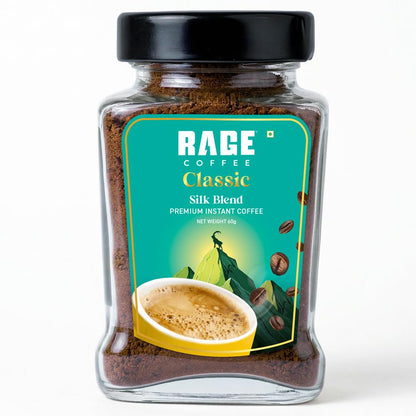 Rage Coffee Premium Silk Blend Classic Coffee Powder - 60g | Fuel Your Day with Plant-Based Vitamin Instant Coffee Powder for Enhanced Fitness, Energy, and Focus | Hot and Cold Coffee