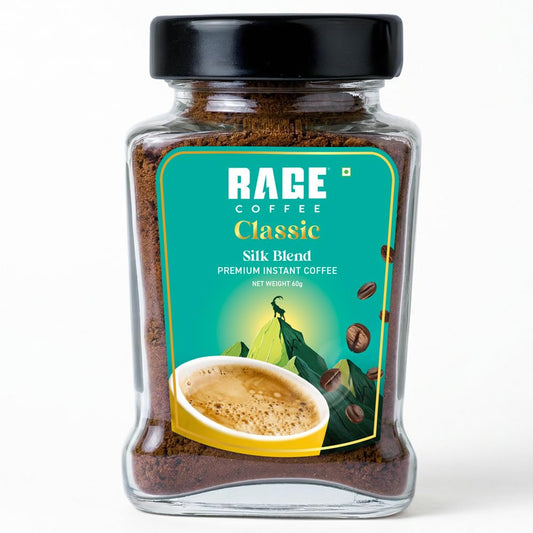 Rage Coffee Premium Silk Blend Classic Coffee Powder - 60g | Fuel Your Day with Plant-Based Vitamin Instant Coffee Powder for Enhanced Fitness, Energy, and Focus | Hot and Cold Coffee
