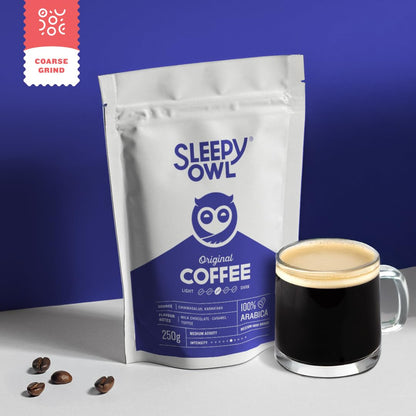Sleepy Owl Ground Coffee for French Press | 100% Arabica Beans | Medium Roast - Original Flavour | Coarse Grind for Fresh Hot & Cold Brew | Premium Roasters | 250 gm | Chikmagalur Origin