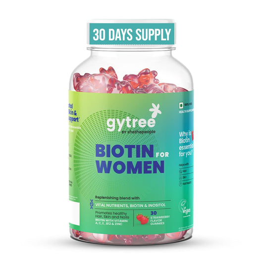 Gytree Biotin Gummies for Complete Hair, Skin & Nail Support | With Vital Nutrients, Inositol & Vitamin C, A, E, B6, Folate, Zinc | Strawberry Flavour | No Gelatin, No Soy, Lactose Free (30 gummies)