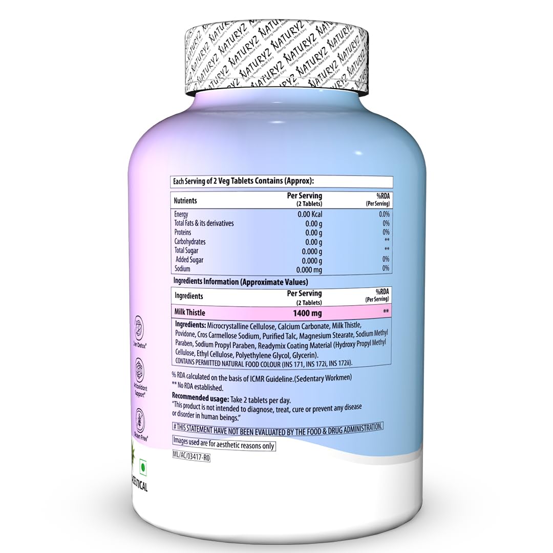 NATURYZ Extra Strength Milk Thistle 1400mg Fatty Liver detox supplement | Supports Liver Health & Natural Detox | Standardized for Silymarin | Maintain Liver Function & Antioxidant Balance | 60 Veg Tablets