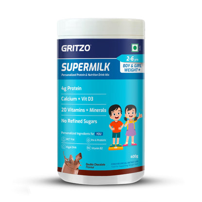 Gritzo SuperMilk Weight+ (2-6y Boy & Girl), 4g Protein Powder (Double Chocolate, 400g) | Zero Refined Sugar, 20 Vitamins & Minerals
