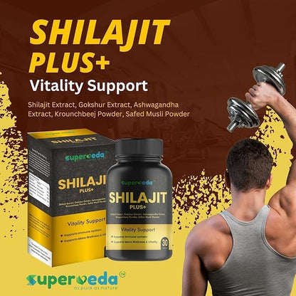 Superveda Shilajit Plus - 30 Capsules | 100% Ayurvedic Pure Original Shilajit Capsules for Strength, Stamina and Power | Vitality Support | Premium Ayurvedic Supplement For Men