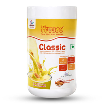Pro360 Classic Daily Wellness Health Supplement Family Nutrition Protein Powder for Men and Women (200g, Kesar Badam)