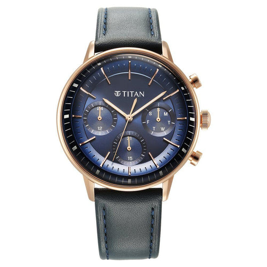 Titan Light Leathers Quartz Multifunction Blue Dial Stainless Steel Strap Watch