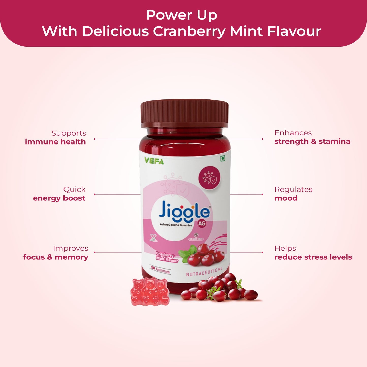 Jiggle AG Ashwagandha Gummies I Stress Relief Adoptogen Ashwagandha I Aswagandha Root Extract I Energy Boost I Immunity I Mood I No Added Sugar I Cranberry-Mint Flavour I 30 Gummies