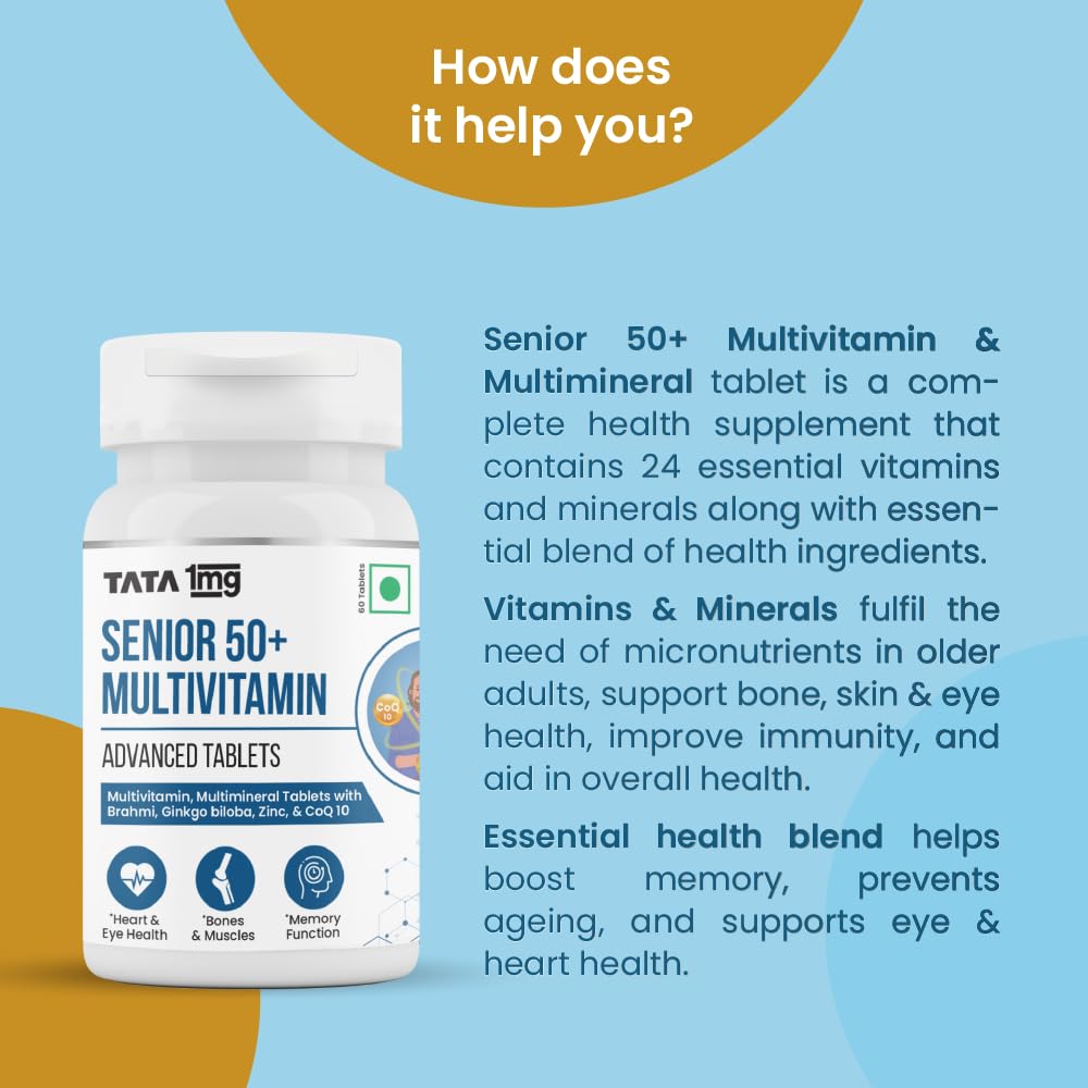 Tata 1mg Senior 50+ Multivitamin & Multimineral Veg Tablet with Calcium for Bone, Skin, Eye, Immunity, Heart & Joints, For Men & Women, Non-GMO & No Added Preservatives (Pack Of 60)