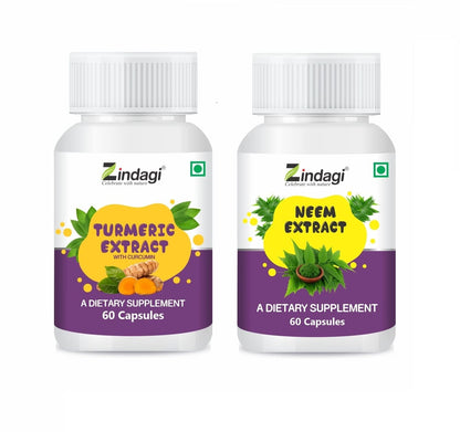 ndagi 100% Pure Neem Extract Capsules With Turmeric Extract With Curcumin - Powerful Antioxidant Capsules (Combo Pack)