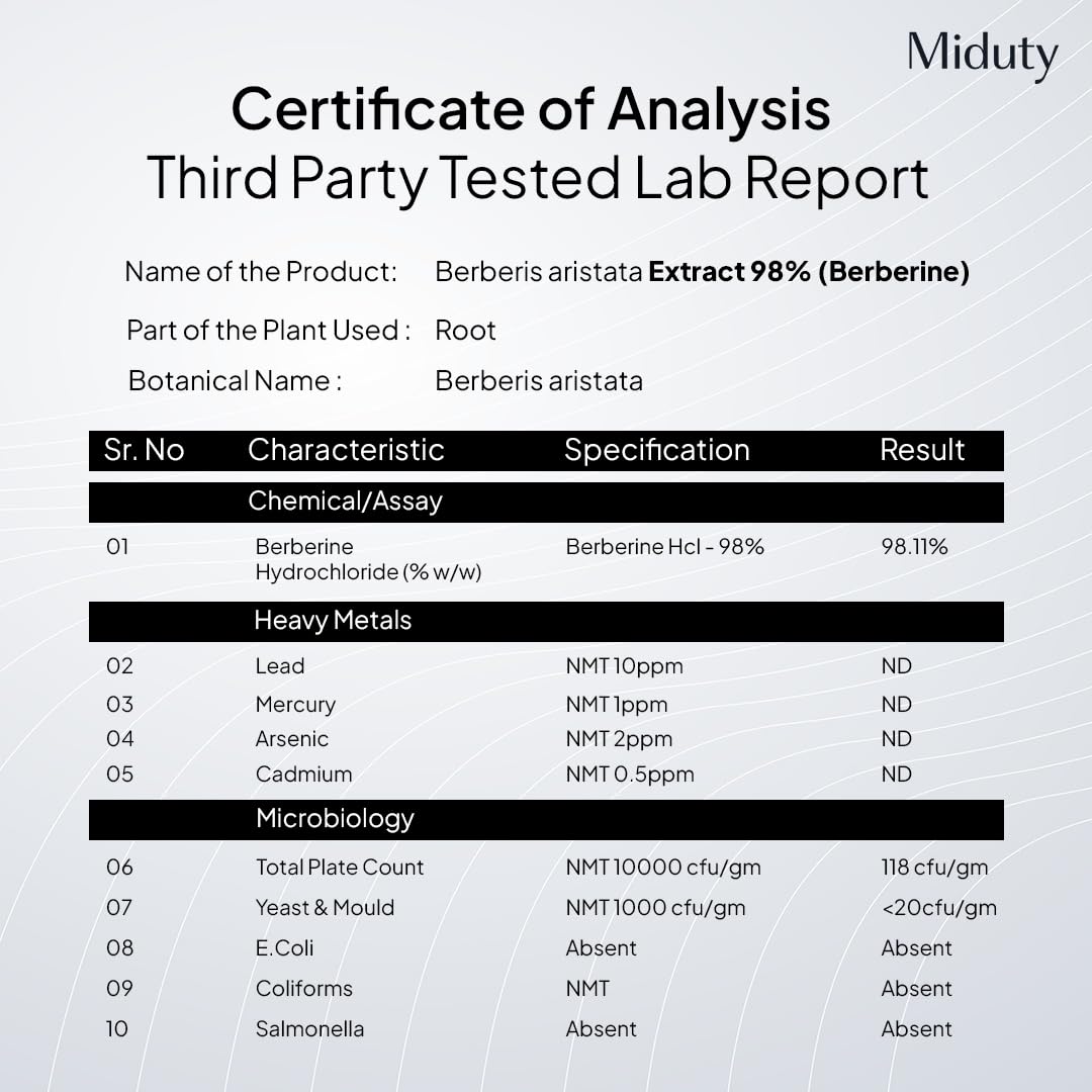Miduty High Strength Berberine HCL 98% Triple Benefits of Blood Sugar C- image 8