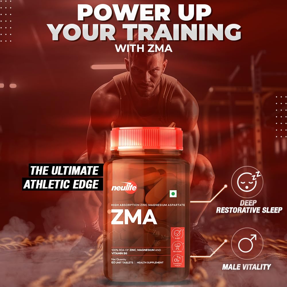 Neulife ZMA-Zinc + Magnesium + B6 for Recovery & all-round Health boost Tablets- (60Tabs)