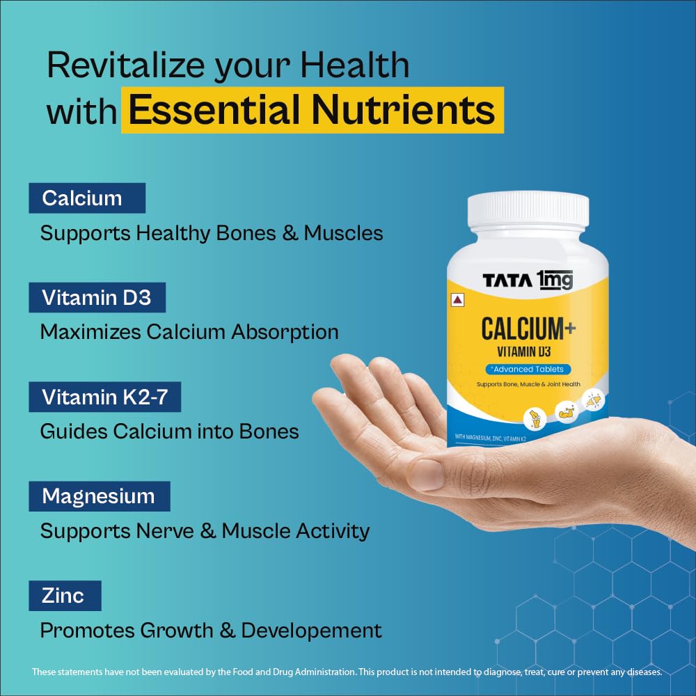 TATA 1mg Calcium & Vitamin D3 supplement with Zinc, Magnesium & Alfalfa | High absorption Calcium Citrate Malate form | 500mg Calcium & 400iu Vitamin D3 | For strong bones & joints | 60 tablets