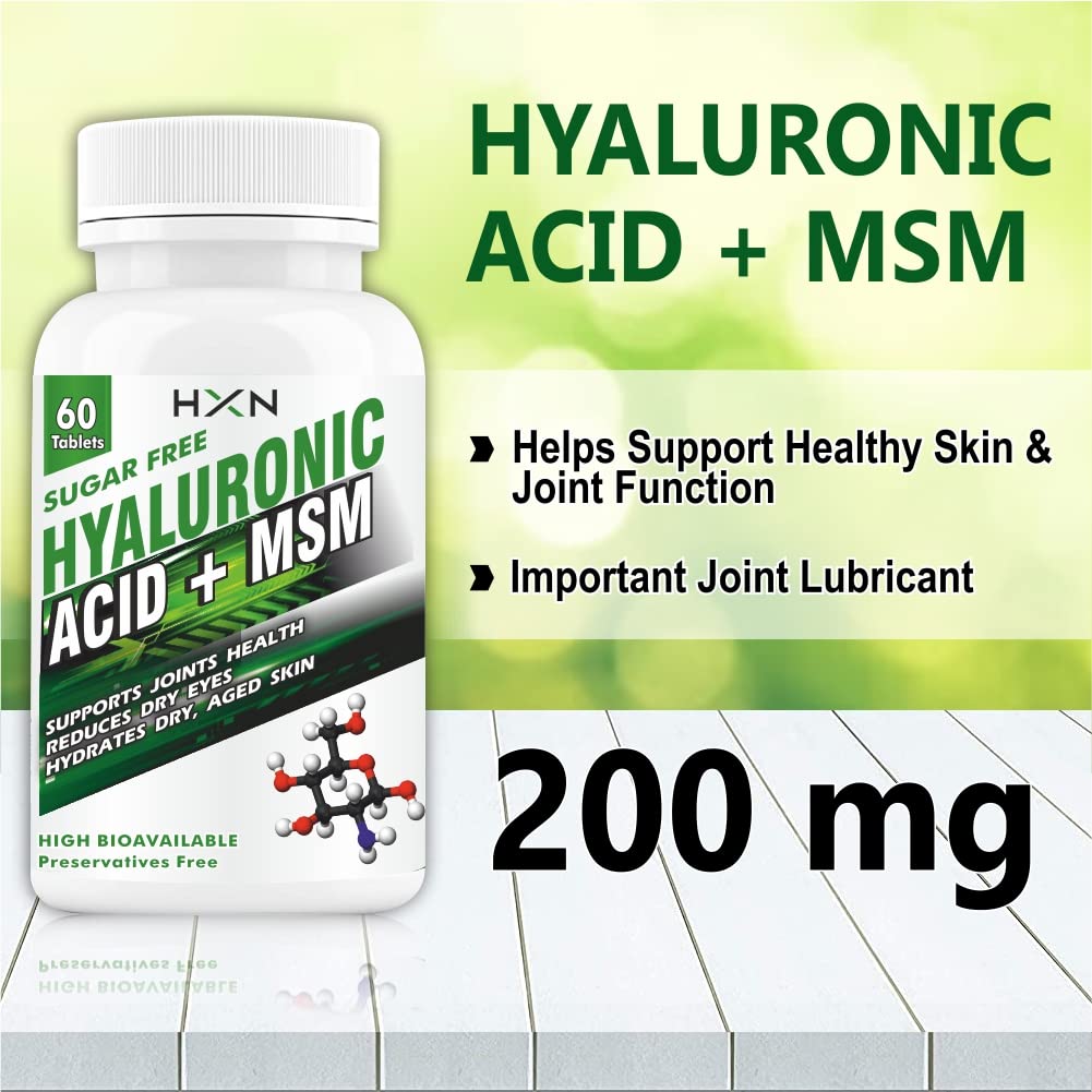 HXN Hyaluronic Acid Supplements With Chondroitin & MSM for Men, Women. Clinically Tested Collagen powder support for skin, eye care, joint support supplement Sugar-Free Tablet - 60 Tablets