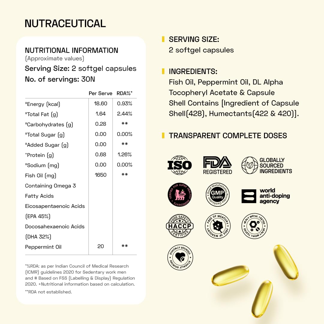Ace Blend Outshine Omega 3 Fish Oil Capsules (60 Softgels) | 1650 Mg with 743 EPA & 528 DHA | 2 capsules for 4X Strength | No Fishy Burps | Supports Heart, Brain, Joints, Eye Health