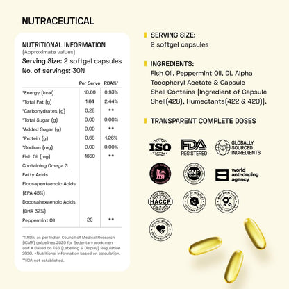Ace Blend Outshine Omega 3 Fish Oil Capsules (60 Softgels) | 1650 Mg with 743 EPA & 528 DHA | 2 capsules for 4X Strength | No Fishy Burps | Supports Heart, Brain, Joints, Eye Health