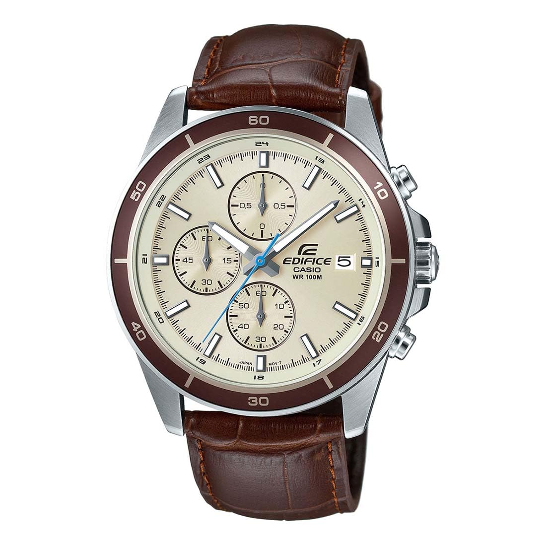 Casio Edifice EFR-526L-7BVUDF Beige Analog Dial Brown Leather Band Men's Watch Chronograph 100M Water Resistant EX303