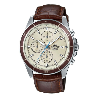 Casio Edifice EFR-526L-7BVUDF Beige Analog Dial Brown Leather Band Men's Watch Chronograph 100M Water Resistant EX303