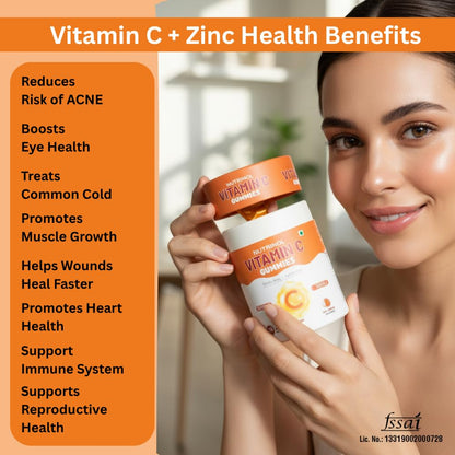 Knoll Healthcare Nutrinol Vitamin C | 30 Gummy + Zinc for Daily Immunity | Helps to boost & Strengthens for Healthy Skin, Hair & Nails, Skincare Straberry Flavour (Pack Of 2)