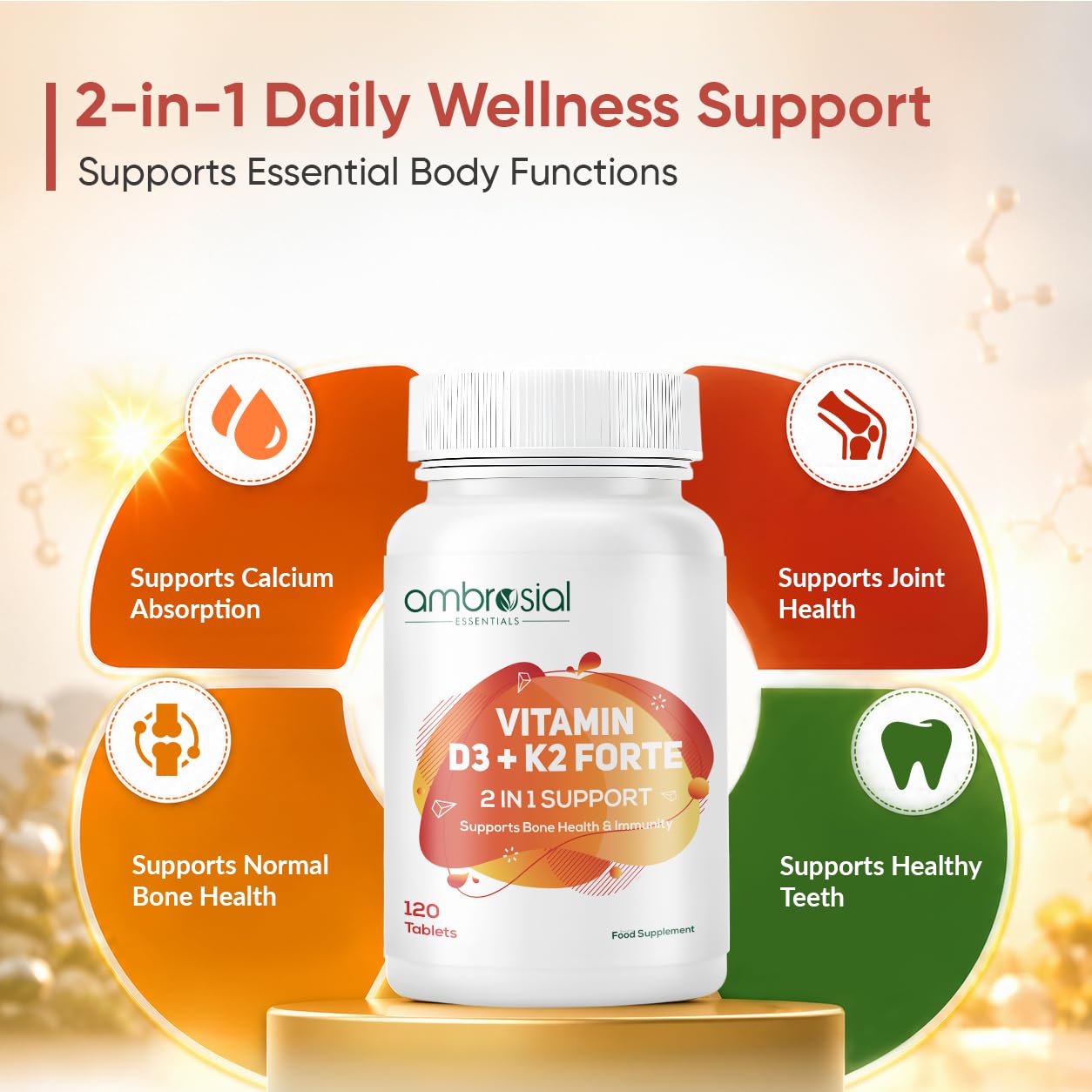 Ambrosial Vitamin D3 K2 Forte 120 Tablets | Vitamin D 3 k 2 Supplement for Bone, Heart & Immune Health Vitamin D3 (600 IU) with MK-7 Vitamin K2 | Plant-Based High Absorption Daily supplements