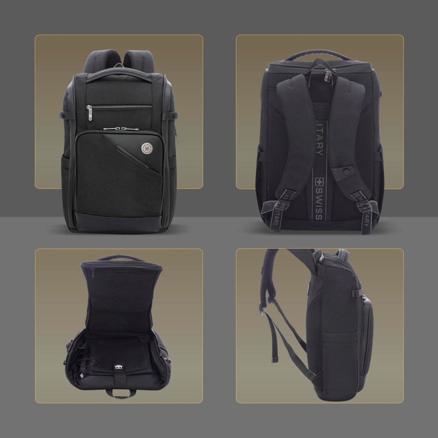 SWISS MILITARY Aspen Laptop Backpack 15.6 Inch with USB Charging Port, Quick Access Pockets, iPad Compartment, Mesh Bottle Holders, 16L Compact Travel Office College Bag for Men Women, Black