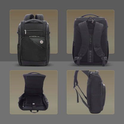 SWISS MILITARY Aspen Laptop Backpack 15.6 Inch with USB Charging Port, Quick Access Pockets, iPad Compartment, Mesh Bottle Holders, 16L Compact Travel Office College Bag for Men Women, Black