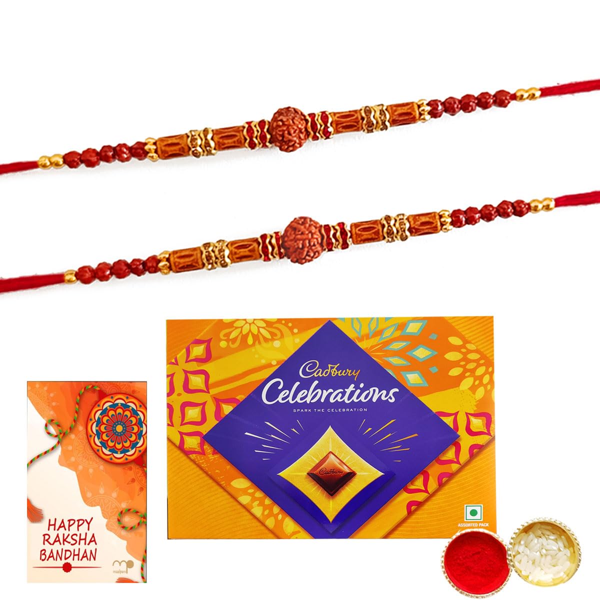 Maalpani Set of 2 Rudraksh Rakhi - Chocolates - Celebration Festival Pack - Chocolate Rakhi Hamper to Brother