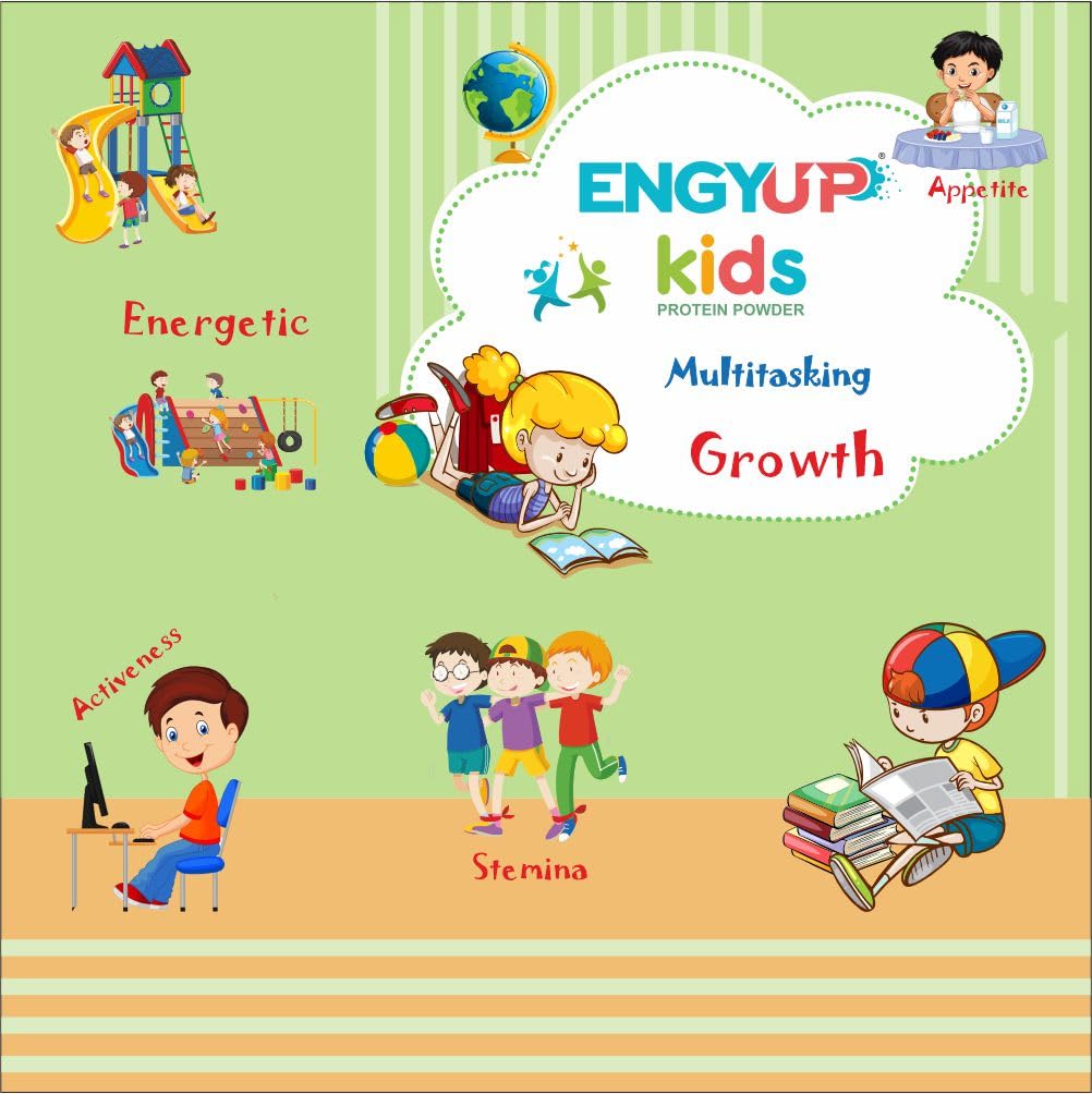 ENGYUP Kids Protein Powder | Nutritional & Health Supplement for growing Children | Quality Protein, DHA, Brahmi, Shankhpushpi, Curcumin, Pre & Pro-biotic | Chocolate Flavor | 200g