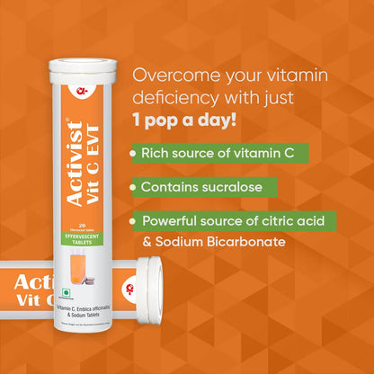 Activist Vitamin C Effervescent Tablet Natural Amla Extract Vitamin C with Zinc for Immunity Skin Health Antioxidants and Energy Boost Nutritional Dietary Supplement 20 Tablets