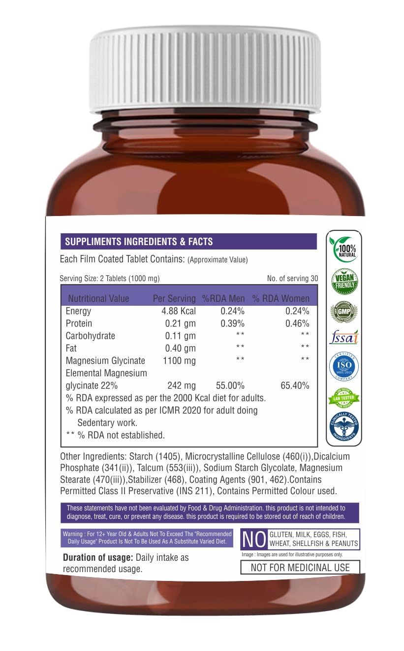 The Body Reserve Magnesium Glycinate Supplement - 60 Veg Tablets, 1100mg Per Serving, High Absorption Chelated Form - Muscle & Nerve Health, Relaxation for Men & Women