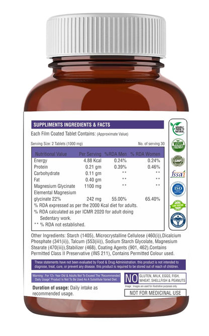 The Body Reserve Magnesium Glycinate Supplement - 60 Veg Tablets, 1100mg Per Serving, High Absorption Chelated Form - Muscle & Nerve Health, Relaxation for Men & Women