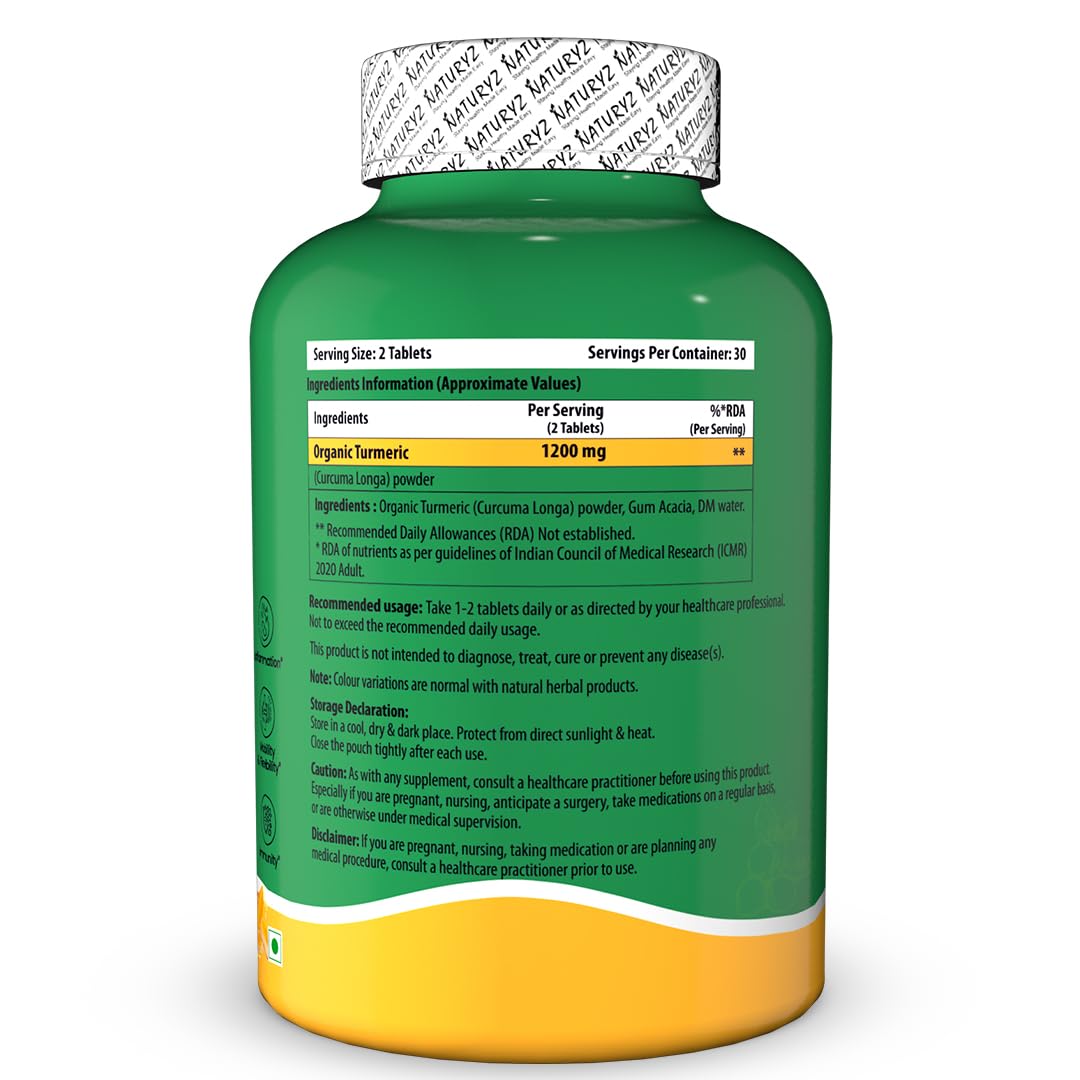 NATURYZ Organic Turmeric Highest Strength 1200mg tablets | Supports Joint, Skin Health, Immune Function | Anti inflammatory Supplement for Adults | Non-GMO, Vegan, Gluten-Free | USDA Organic Certified | Pesticides & Chemical Free - 60 Veg Tablets
