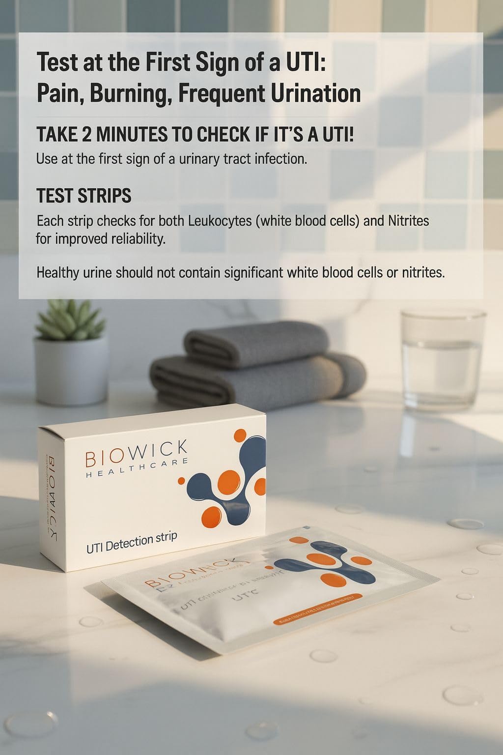 Biowick UTI Home Test Kit | 3 Urine Test Strips | Early UTI Detection at Home | Clinically Tested | Tests Leukocytes & Nitrites | Hygienic & Accurate | Self-Testing Kit | Ideal for Women & Seniors