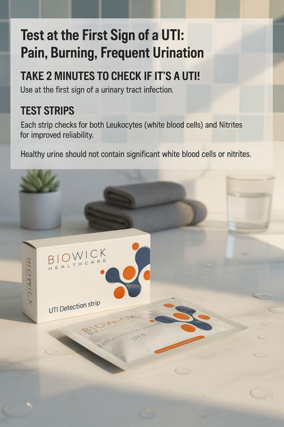 Biowick UTI Home Test Kit | 3 Urine Test Strips | Early UTI Detection at Home | Clinically Tested | Tests Leukocytes & Nitrites | Hygienic & Accurate | Self-Testing Kit | Ideal for Women & Seniors