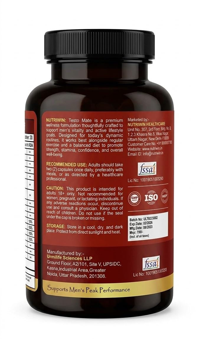 Nutriwin TestoMate Men’s Wellness Capsules with Tribulus, Mucuna, Safed Musli, Ashwagandha & Korean Ginseng | Herbal Daily Supplement for Active Lifestyle | 60 Capsules