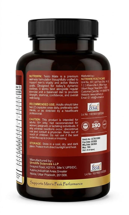 Nutriwin TestoMate Men’s Wellness Capsules with Tribulus, Mucuna, Safed Musli, Ashwagandha & Korean Ginseng | Herbal Daily Supplement for Active Lifestyle | 60 Capsules