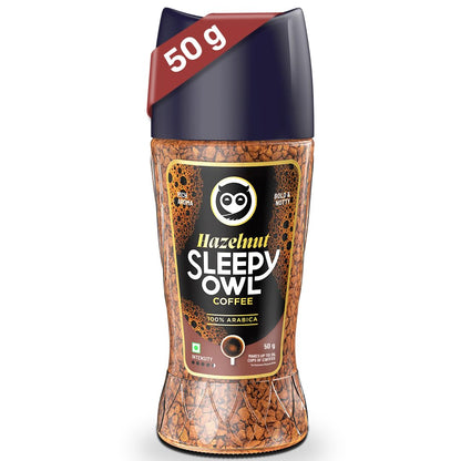 Sleepy Owl Hazelnut Premium Instant Coffee Powder | 100% Arabica Freeze Dried Coffee - 50g | Make Cafe Style Hot or Cold Coffee, Black Coffee, Cappuccino, Latte at Home | Makes 25 Cups