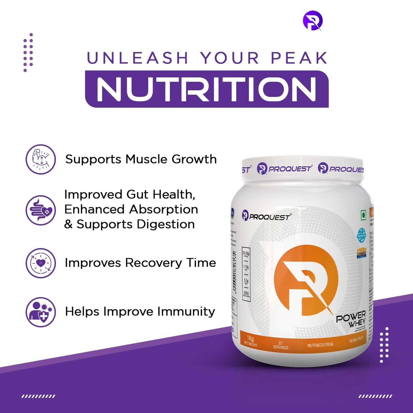 ProQuest Whey Protein Powder, kesar pista 2 kg / 4.4 Lbs (55 Servings) | 24g Protein per Scoop | Lab Tested | With Probiotics & Digezyme® | Perfect for pre-workout, post-workout or intra-workout supplement, supporting muscle recovery & performance