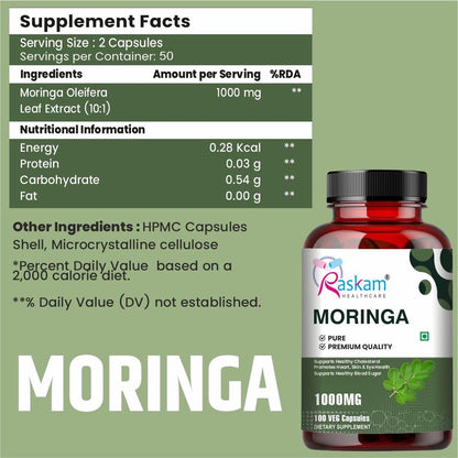 Raskam Moringa Capsules Organic (100 Capsules) 1000mg Green Superfood Moringa Oleifera Leaf Powder Capsules - Immunity & Metabolism Booster Nutritional Rich Supplement