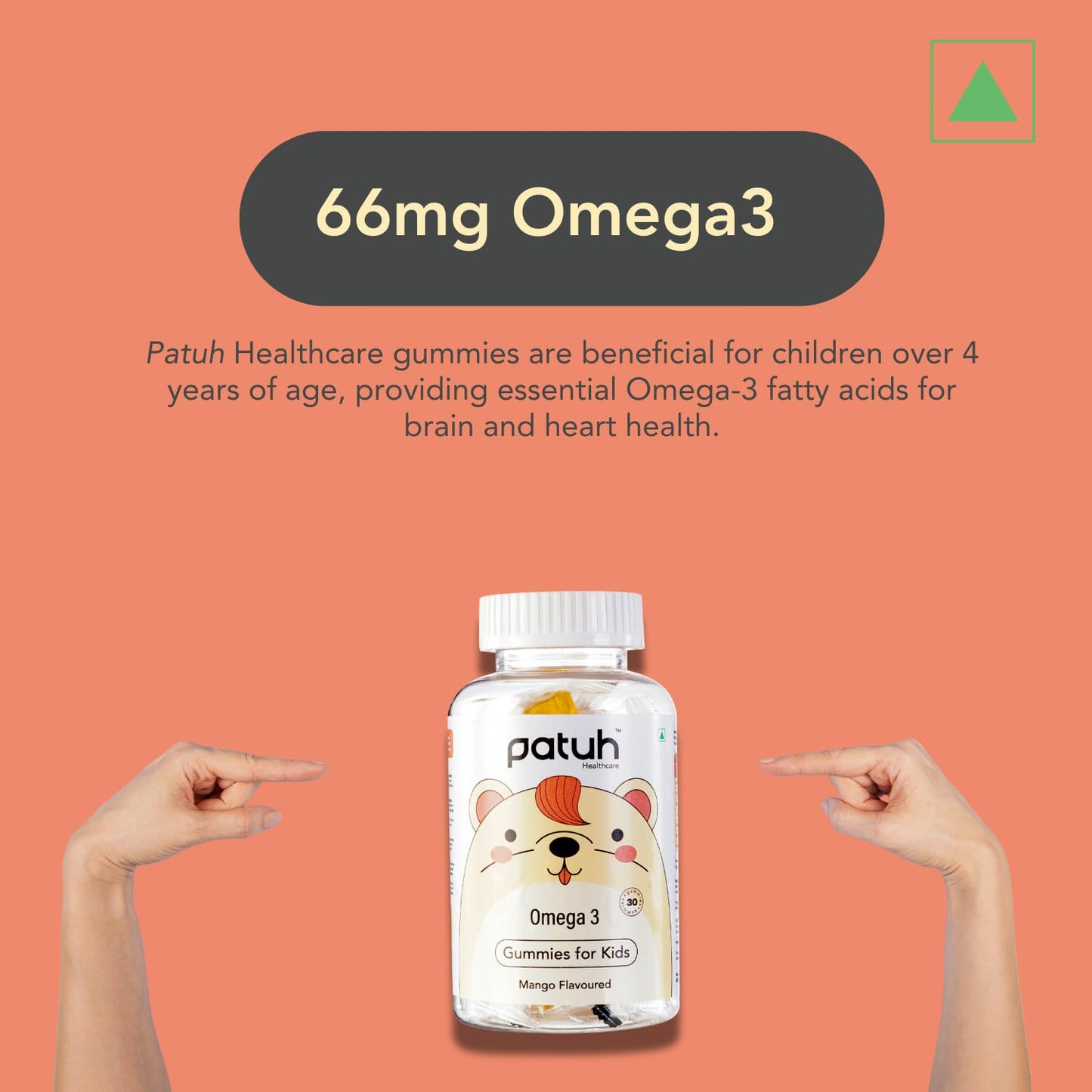 PATUH HEALTHCARE Junior Omega 3 Gummies (4 years & above) 100% Vegetarian Formula, Omega Veg Kids Gummies for Healthy Heart, Brain & Joints, Natural Mango flavor (Pack of 1)