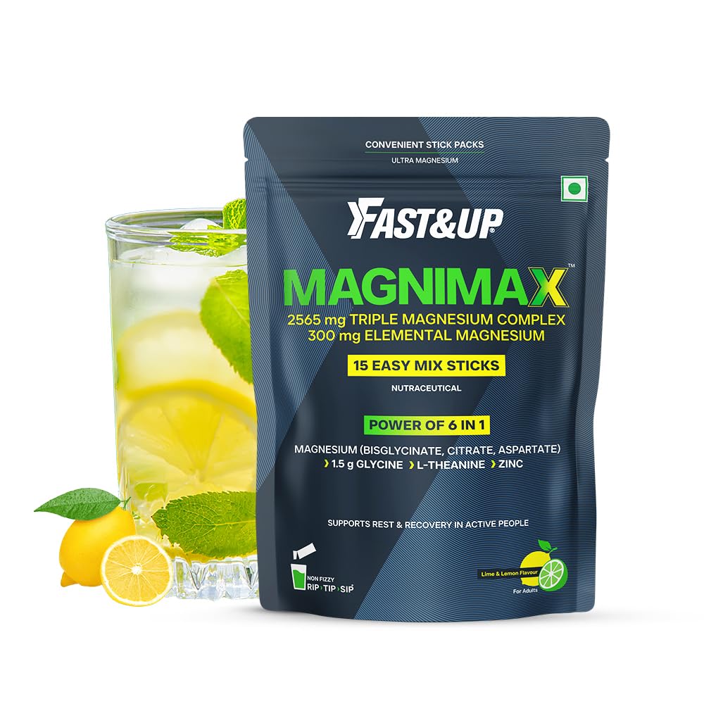 Fast&Up Magnimax - Triple Magnesium Bisglycinate, Citrate, Aspartate | L-Glycine, L-Theanine, Zinc | Power of 6-in-1 | Lime & Lemon Flavour – 15 stick packs in a Pouch
