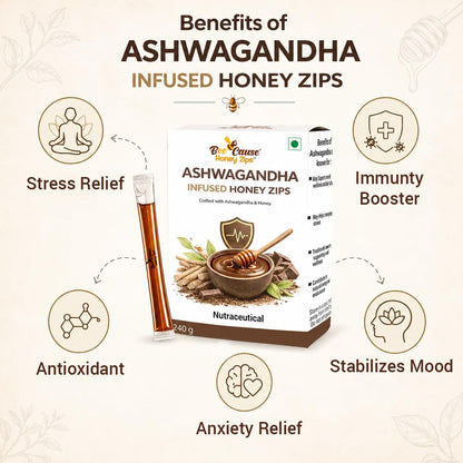 BeeCause Ashwagandha Infused Honey Zips (30 Zips) | Ayurvedic Stress Relief Honey | Ashwagandha Honey Sticks for Relaxation, Focus, Energy, Stamina & Immunity | Travel Friendly | 240g