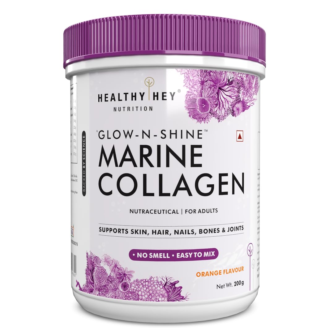 HealthyHey Glow-N-Shine Marine Collagen Peptides |Type 1 Collagen Protein Supplement with Hyaluronic Acid | Amino Acids for Skin, Hair, Nails | Paleo Friendly, Non-GMO (Orange Flavour, 200g)