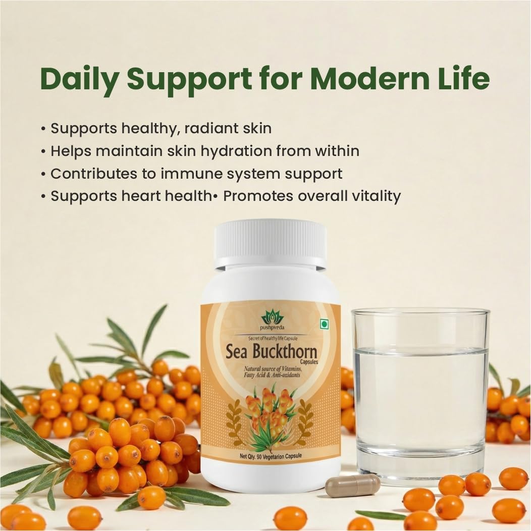 Pushpveda Sea Buckthorn Extract Capsules 500mg | Himalayan Seabuckthorn with Omega 3, 6, 7 & 9 | Natural Antioxidant Supplement for Skin, Immunity & Daily Wellness | Veg Capsules | 60 Capsules