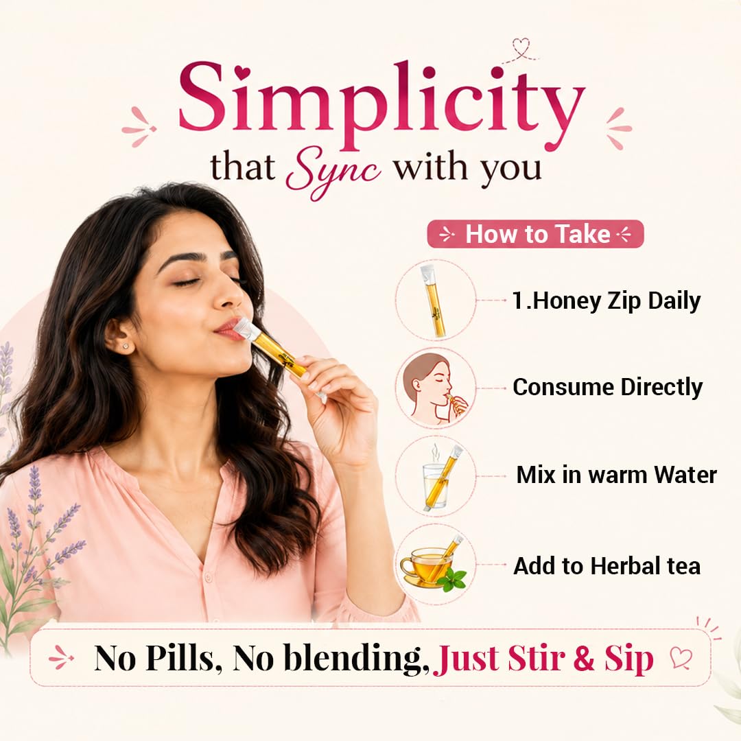 BeeCause HerHarmony Honey Zips for Women | Hormonal Balance Supplement Alternate with Shatavari, Ashoka, Ginger & Black Cohosh | Supports PCOS & Menstrual Wellness | Better Cycle, Ease Pain- 30 Sachets(240g)