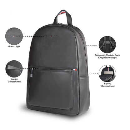 Tommy Hilfiger Rochester Men Leather Laptop Backpack - Black